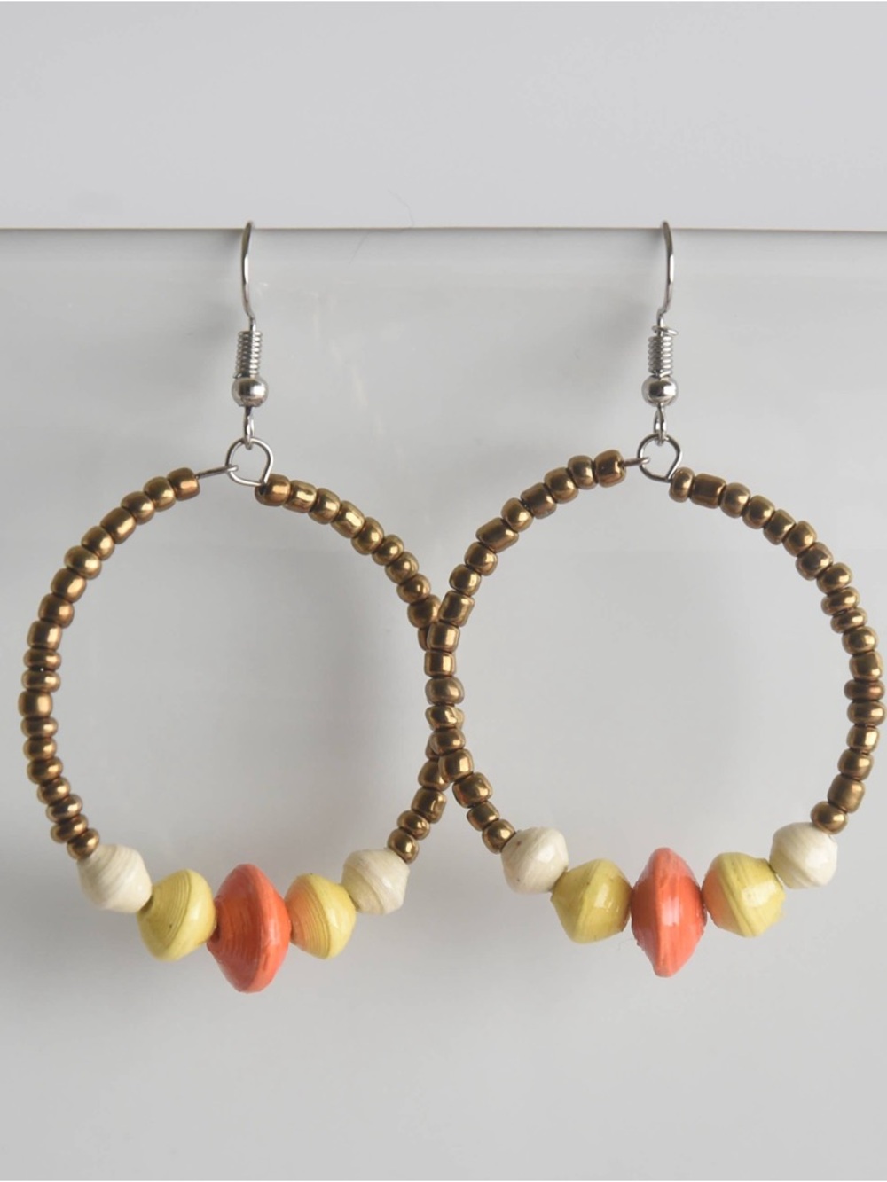 Handcrafted Bead Hoop Earrings in Coral, Yellow & Cream